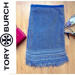 Tory Burch blue and white knit and crocheted pencil skirt